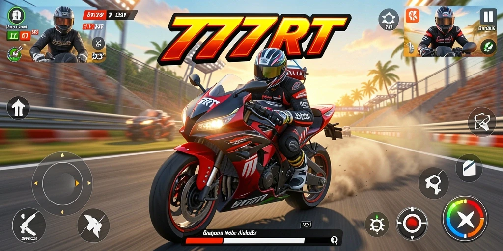 Screenshot utama dari gameplay seru di 777RT saat balapan motor.