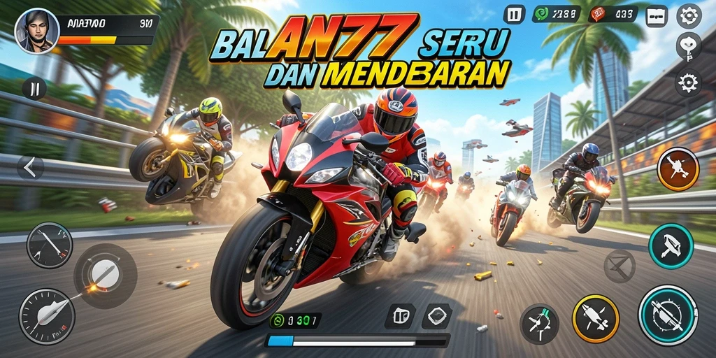 Screenshot utama AN777 menampilkan aksi balapan motor yang mendebarkan.