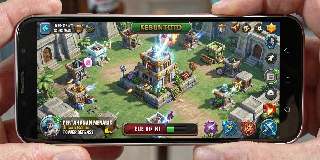 Tampilan gameplay KEBUNTOTO dengan menara dan musuh yang beragam.