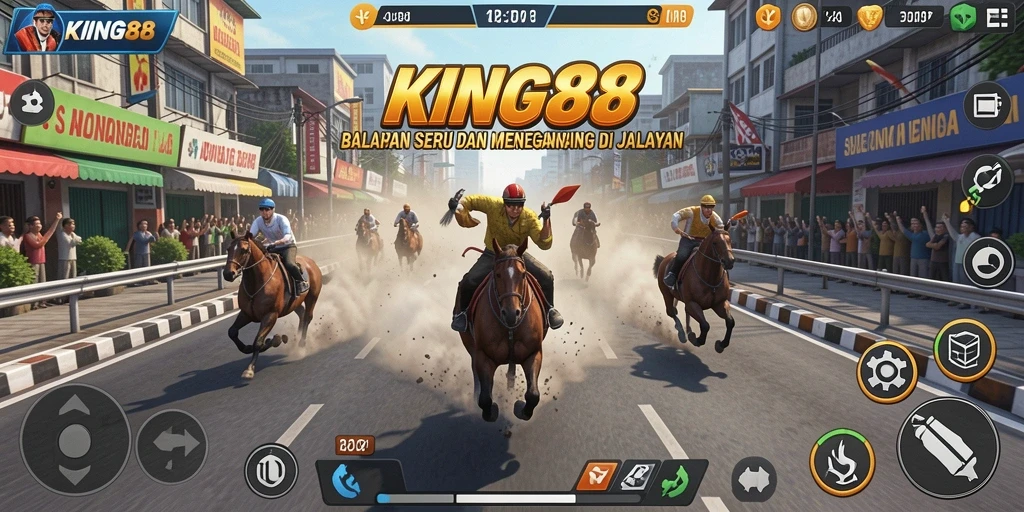 Tangkapan layar KING88 menampilkan tindakan balapan mendebarkan dengan mobil cepat.