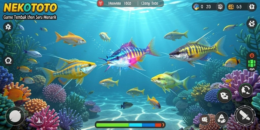 Tampilan gameplay seru NEKOTOTO menembak ikan berwarna-warni.