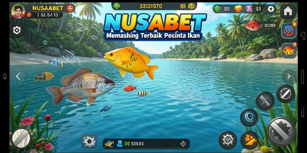 Screenshot utama NUSABET menampilkan momen menangkap ikan yang mendebarkan.