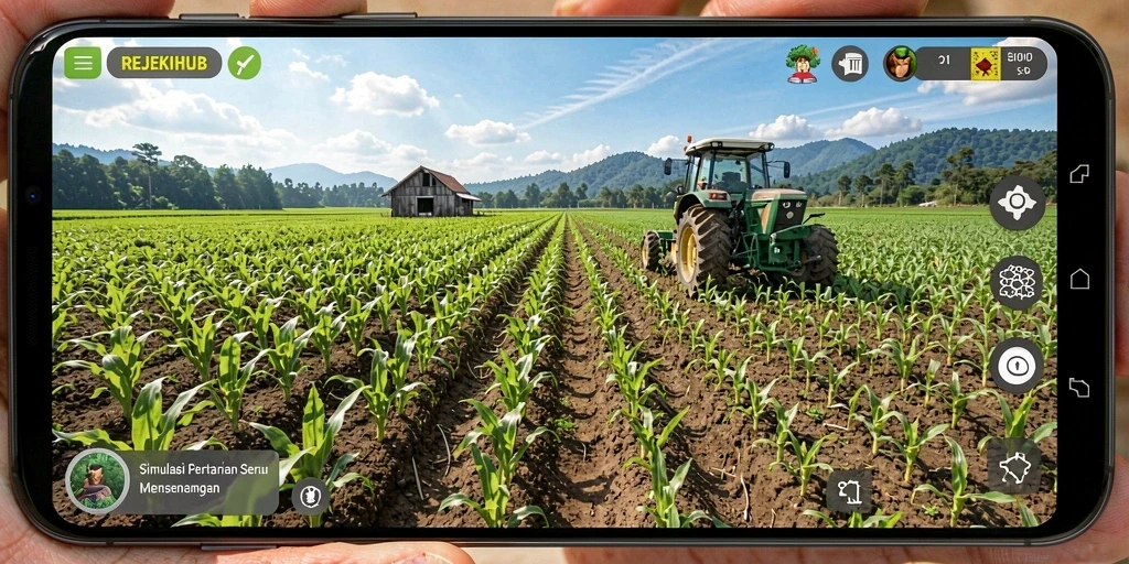 Tampilan gameplay REJEKIHUB dengan lahan pertanian yang subur dan tanaman yang beragam.